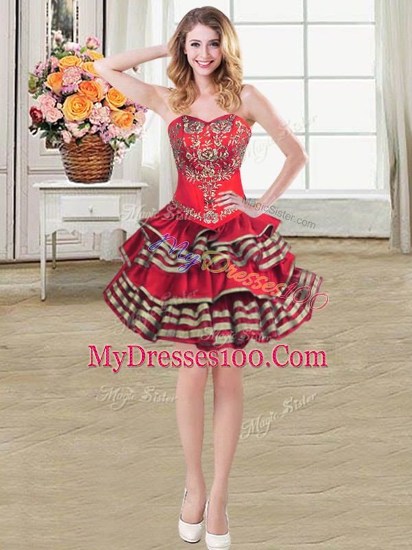 Wine Red Sleeveless Mini Length Embroidery and Ruffled Layers Lace Up