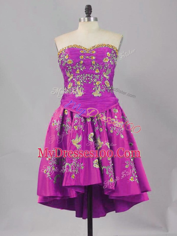 Purple Lace Up Sweetheart Sleeveless Mini Length Evening Dress Embroidery