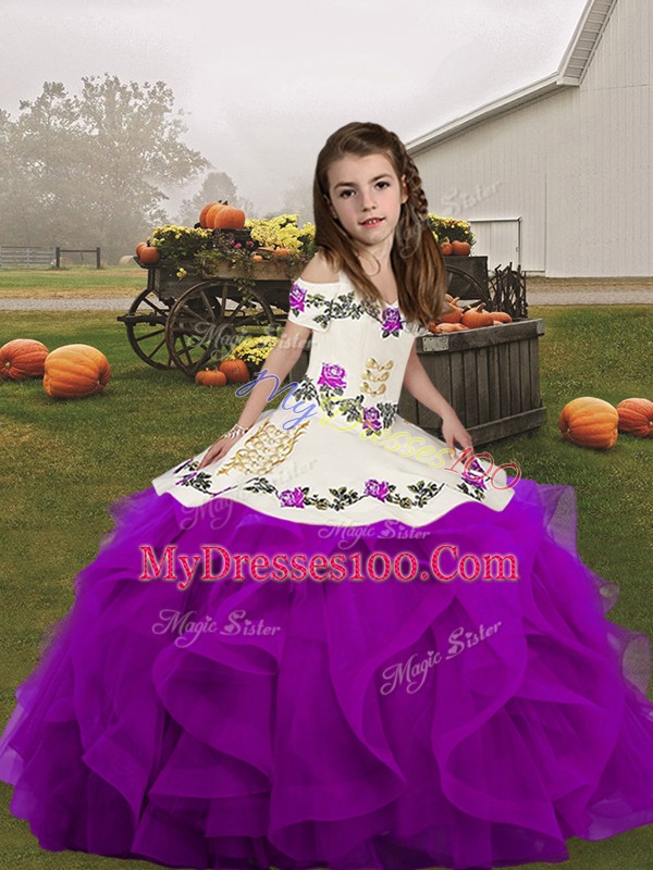 Purple Lace Up Pageant Dress for Girls Embroidery and Ruffles Sleeveless Floor Length