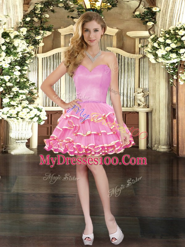 Dazzling Rose Pink Ball Gown Prom Dress Military Ball and Sweet 16 and Quinceanera with Ruffled Layers Sweetheart Sleeveless Lace Up