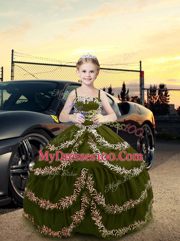 Sweet Embroidery High School Pageant Dress Olive Green Lace Up Sleeveless Floor Length