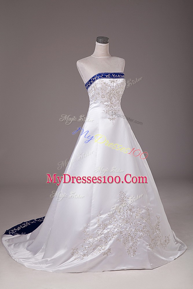 Sophisticated White Wedding Dresses Satin Brush Train Sleeveless Beading and Embroidery