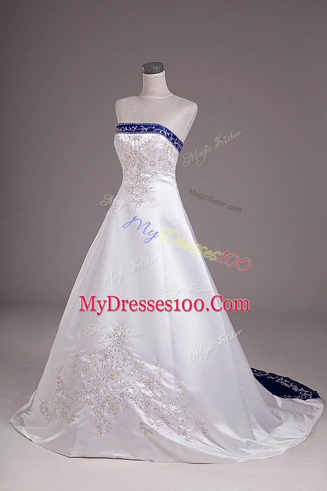 Sophisticated White Wedding Dresses Satin Brush Train Sleeveless Beading and Embroidery