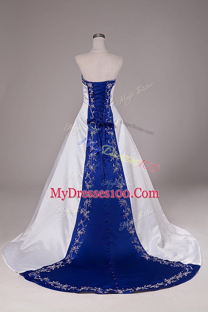 Sophisticated White Wedding Dresses Satin Brush Train Sleeveless Beading and Embroidery