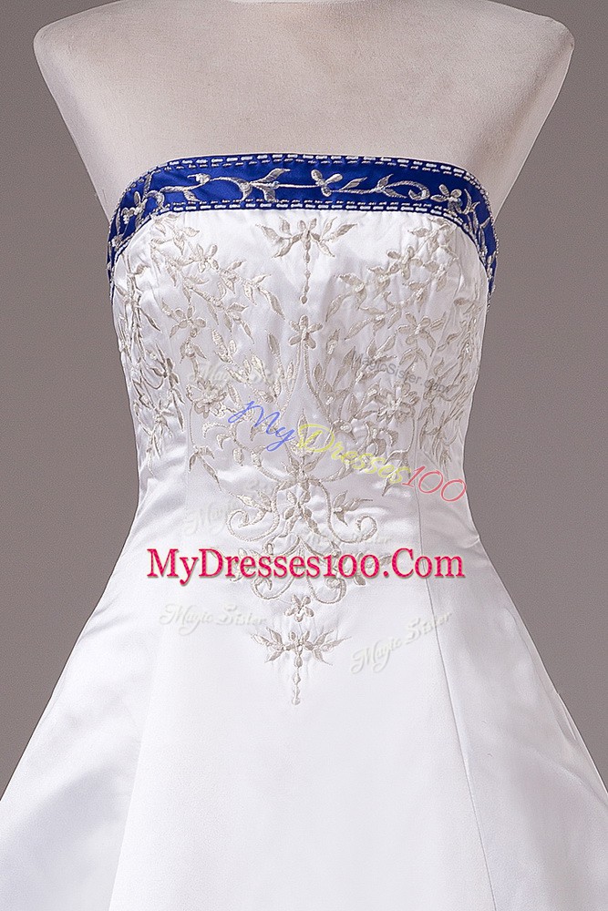 Sophisticated White Wedding Dresses Satin Brush Train Sleeveless Beading and Embroidery