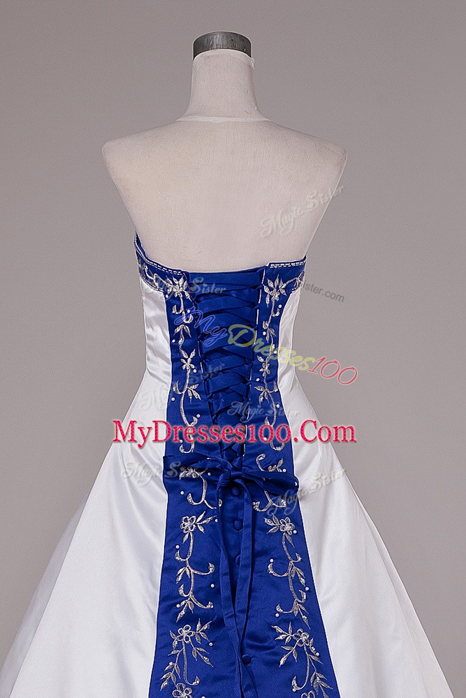Sophisticated White Wedding Dresses Satin Brush Train Sleeveless Beading and Embroidery