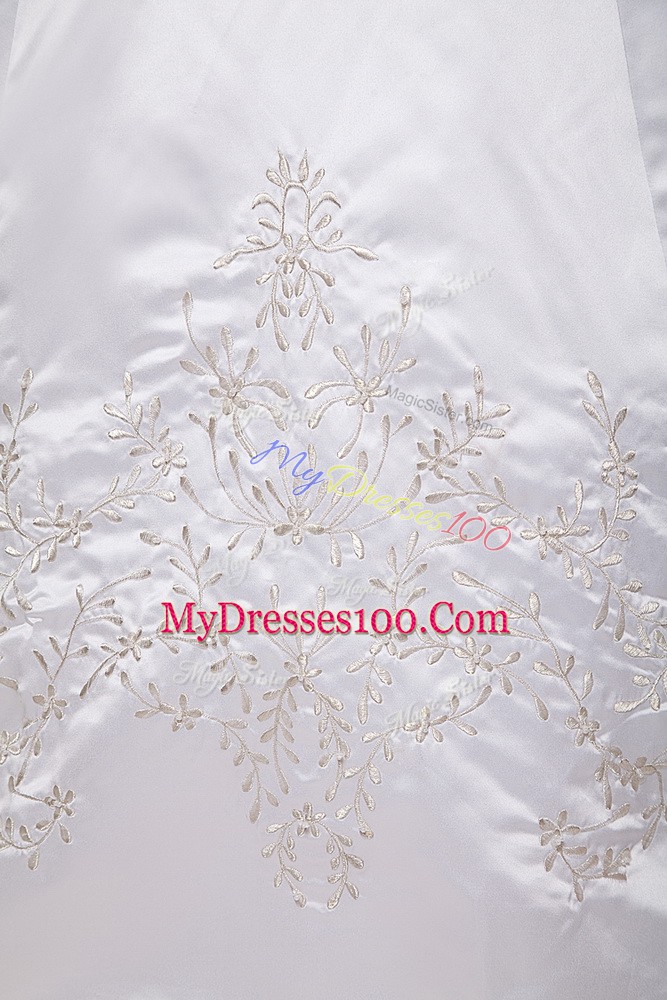 Sophisticated White Wedding Dresses Satin Brush Train Sleeveless Beading and Embroidery