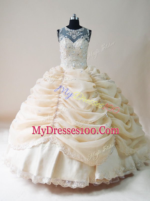 Champagne Scoop Lace Up Lace and Appliques Sweet 16 Quinceanera Dress Sleeveless