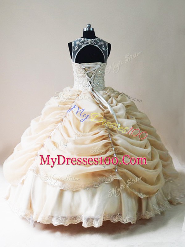 Champagne Scoop Lace Up Lace and Appliques Sweet 16 Quinceanera Dress Sleeveless