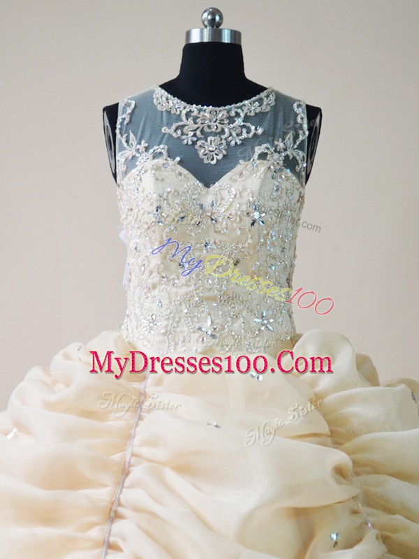 Champagne Scoop Lace Up Lace and Appliques Sweet 16 Quinceanera Dress Sleeveless