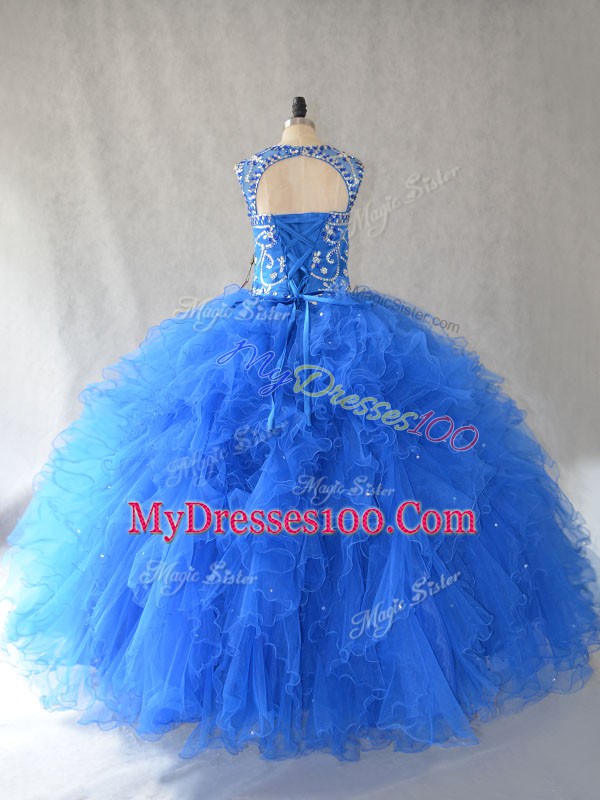 Amazing Floor Length Side Zipper Quinceanera Dress Blue for Sweet 16 and Quinceanera with Beading and Ruffles