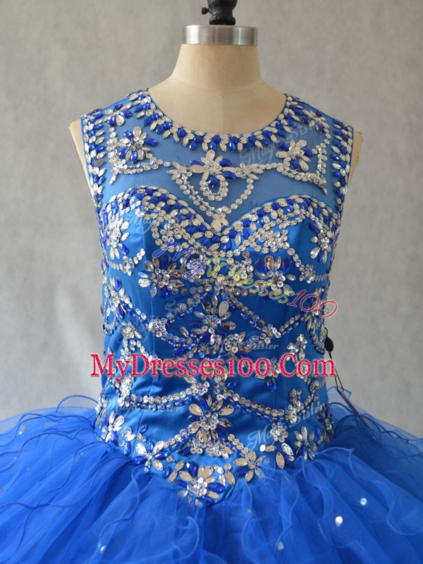 Amazing Floor Length Side Zipper Quinceanera Dress Blue for Sweet 16 and Quinceanera with Beading and Ruffles