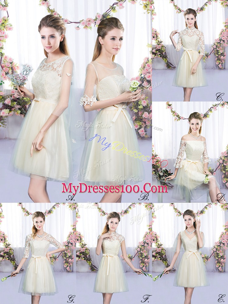 Mini Length Lace Up Bridesmaid Dress Champagne for Wedding Party with Lace and Bowknot
