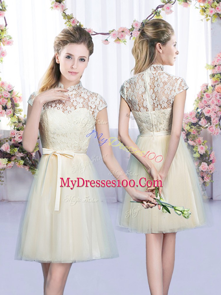 Mini Length Lace Up Bridesmaid Dress Champagne for Wedding Party with Lace and Bowknot