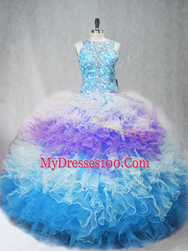 Shining Multi-color Tulle Zipper Scoop Sleeveless 15th Birthday Dress Beading and Ruffles