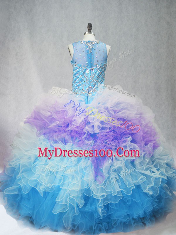 Shining Multi-color Tulle Zipper Scoop Sleeveless 15th Birthday Dress Beading and Ruffles
