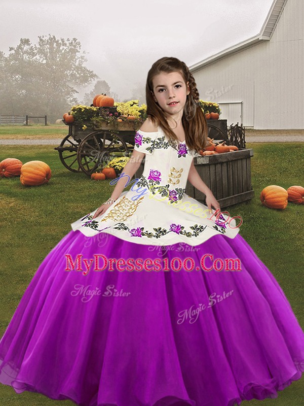 Low Price Floor Length Lace Up Little Girls Pageant Dress Wholesale Purple for Party and Wedding Party with Embroidery