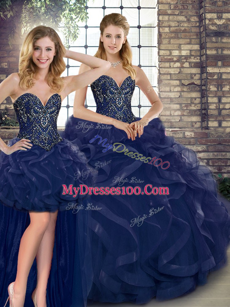 Traditional Floor Length Three Pieces Sleeveless Navy Blue Sweet 16 Dresses Lace Up