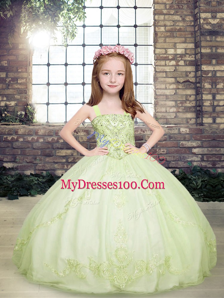 Yellow Green Tulle Lace Up Girls Pageant Dresses Sleeveless Floor Length Beading