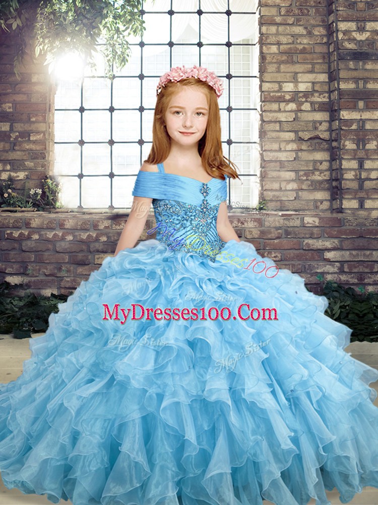 Classical Floor Length Lace Up Little Girls Pageant Dress Wholesale Blue for Party and Military Ball and Wedding Party with Beading and Ruffles