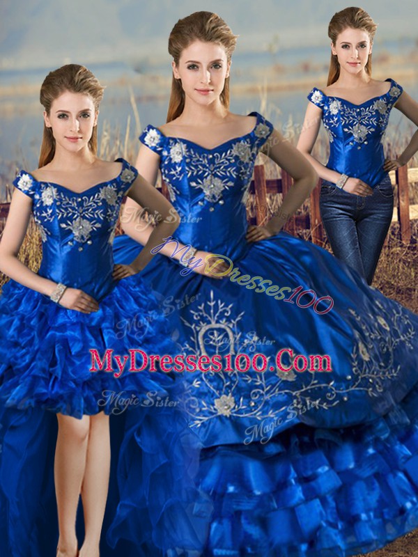Royal Blue Satin and Organza Lace Up Off The Shoulder Sleeveless Floor Length Sweet 16 Quinceanera Dress Embroidery and Ruffled Layers