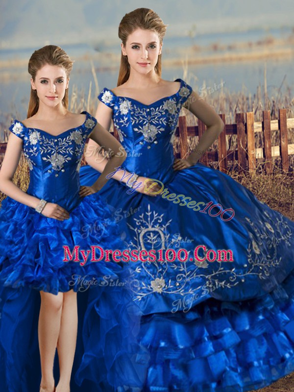 Royal Blue Satin and Organza Lace Up Off The Shoulder Sleeveless Floor Length Sweet 16 Quinceanera Dress Embroidery and Ruffled Layers