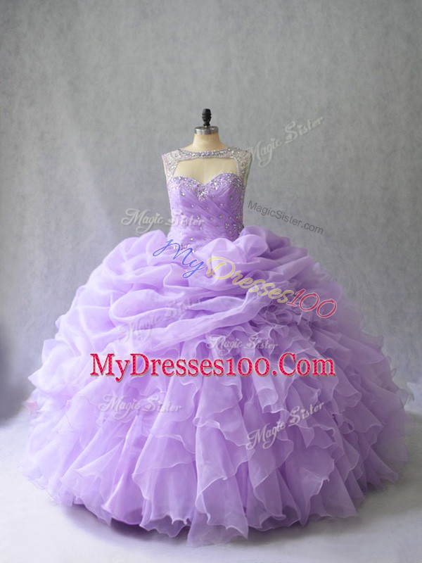 Glamorous Lavender Lace Up Scoop Beading and Ruffles Quinceanera Dresses Organza Sleeveless Brush Train