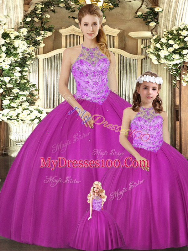Tulle Halter Top Sleeveless Lace Up Beading Quinceanera Gown in Fuchsia