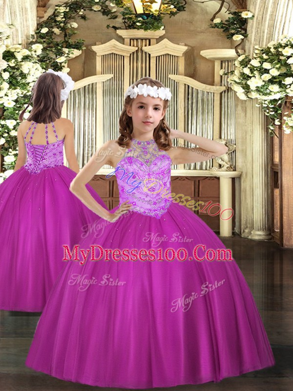 Tulle Halter Top Sleeveless Lace Up Beading Quinceanera Gown in Fuchsia