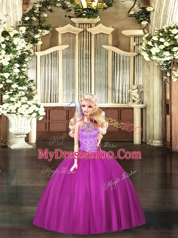 Tulle Halter Top Sleeveless Lace Up Beading Quinceanera Gown in Fuchsia