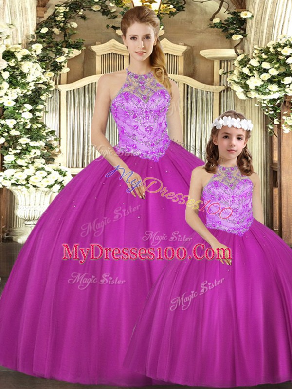 Tulle Halter Top Sleeveless Lace Up Beading Quinceanera Gown in Fuchsia