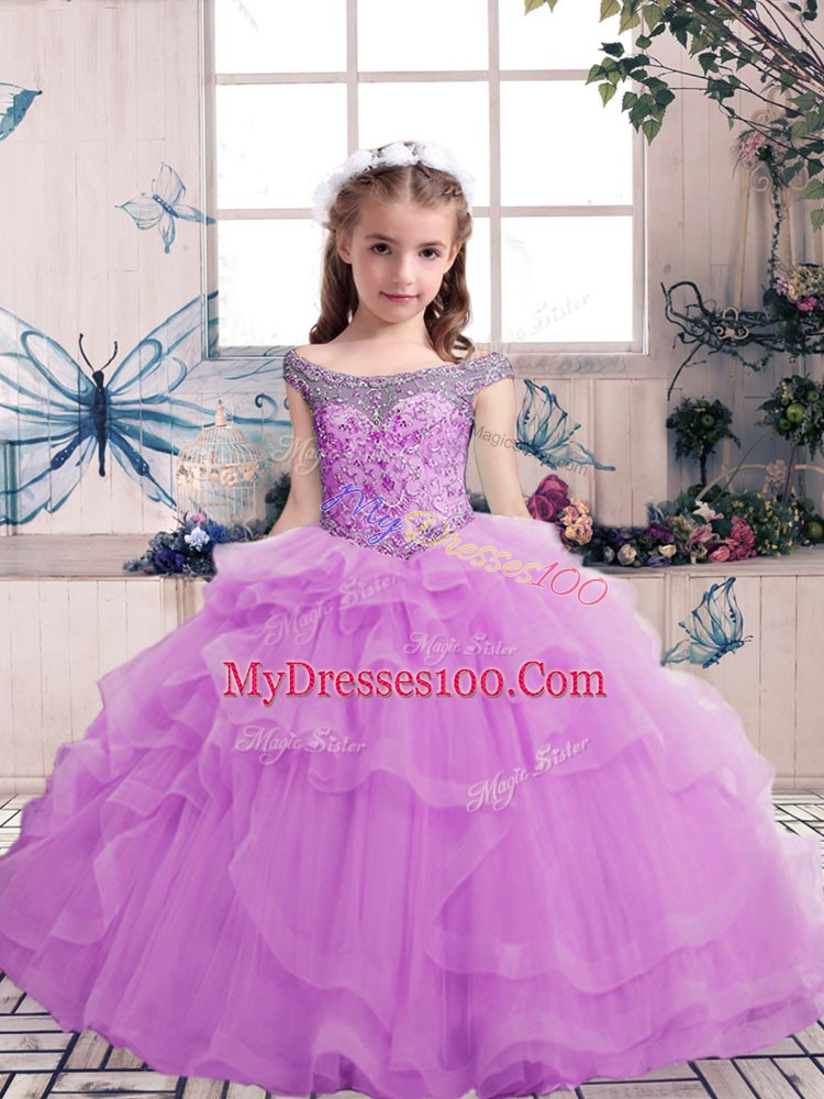 Superior Off The Shoulder Sleeveless Lace Up Kids Pageant Dress Lilac Tulle
