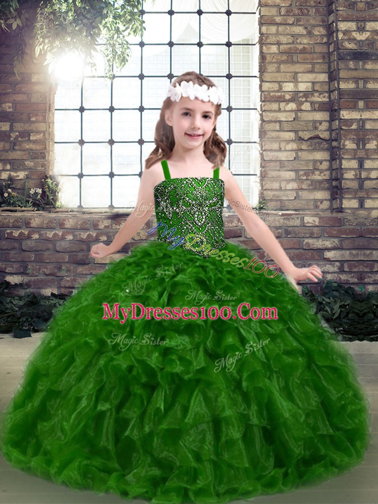 Sleeveless Organza Floor Length Lace Up Pageant Dress Wholesale in Green with Beading