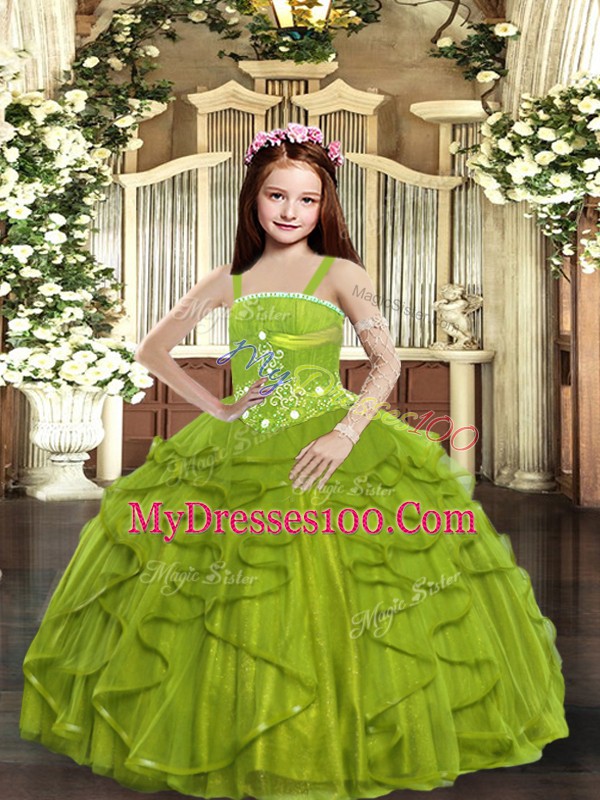 Olive Green Ball Gowns Beading and Ruffles Girls Pageant Dresses Lace Up Tulle Sleeveless Floor Length
