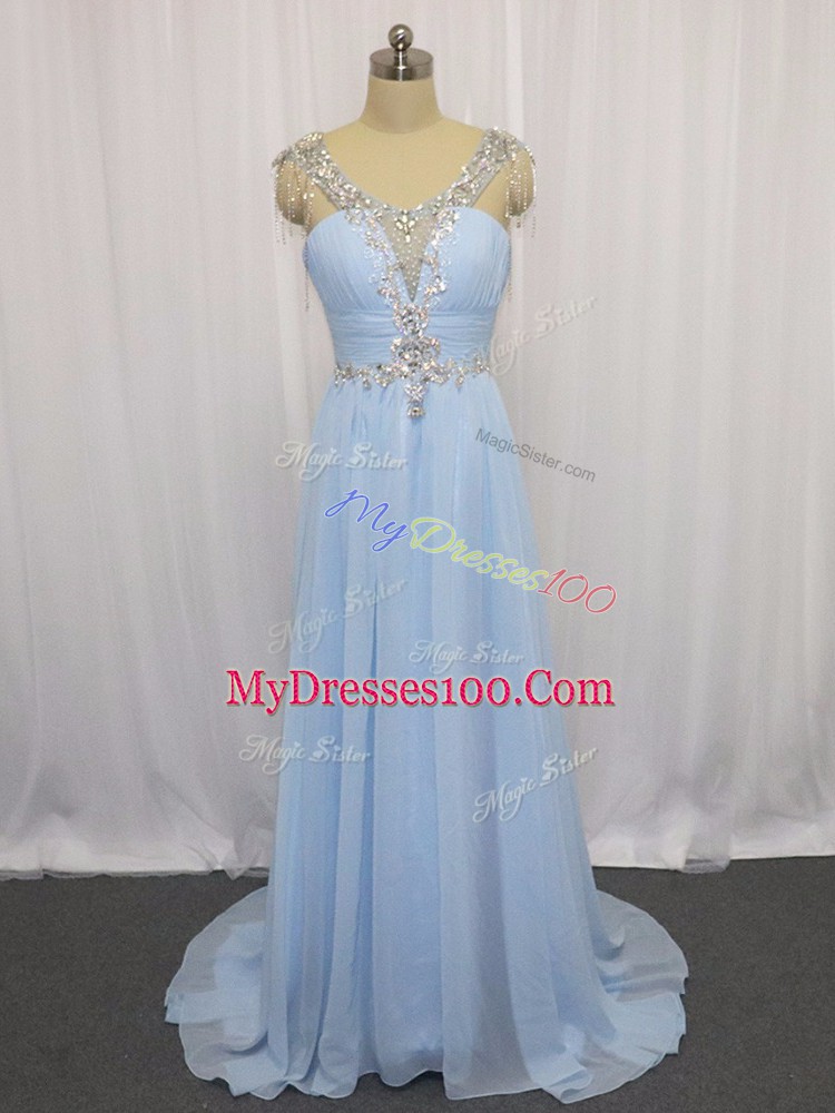 Lovely Blue Empire Beading and Ruching Evening Dress Zipper Chiffon Sleeveless