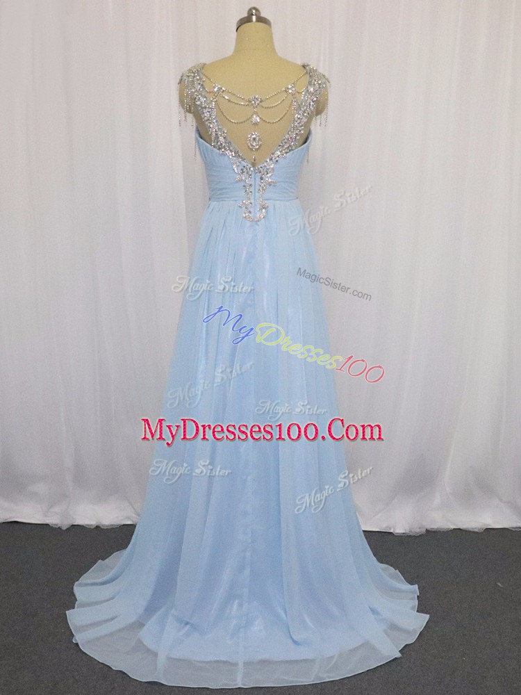 Lovely Blue Empire Beading and Ruching Evening Dress Zipper Chiffon Sleeveless