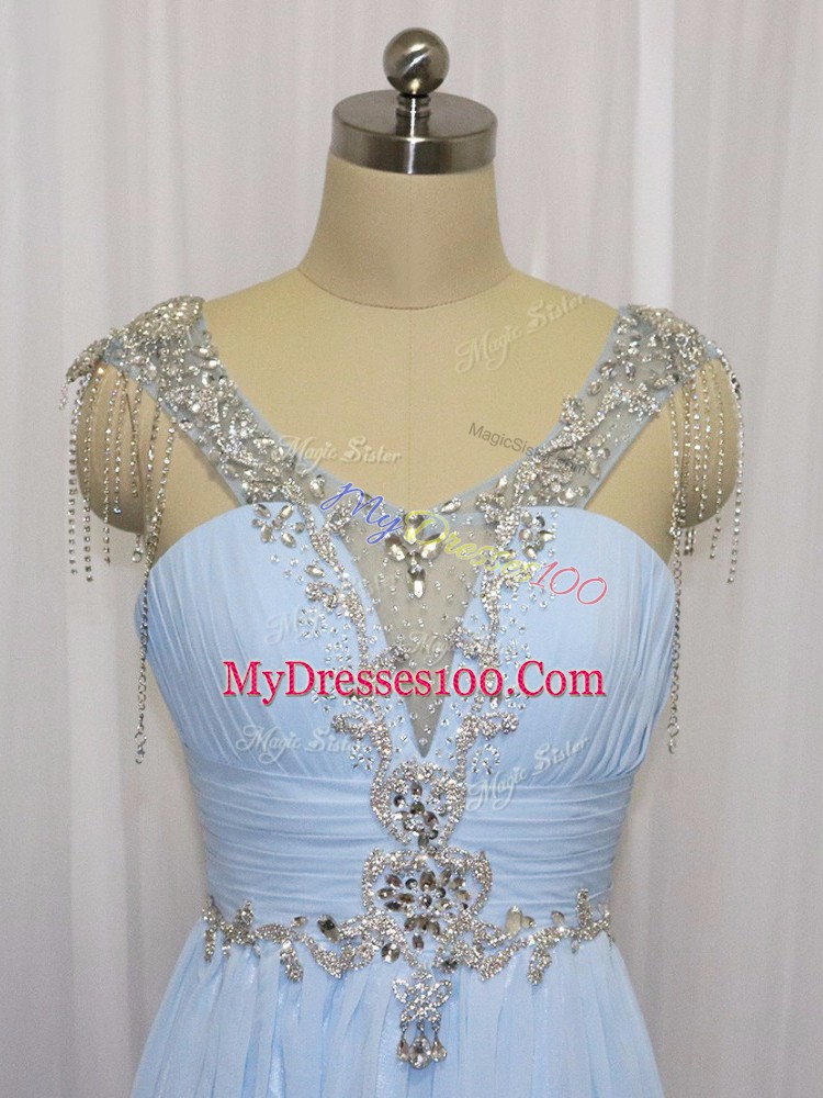 Lovely Blue Empire Beading and Ruching Evening Dress Zipper Chiffon Sleeveless