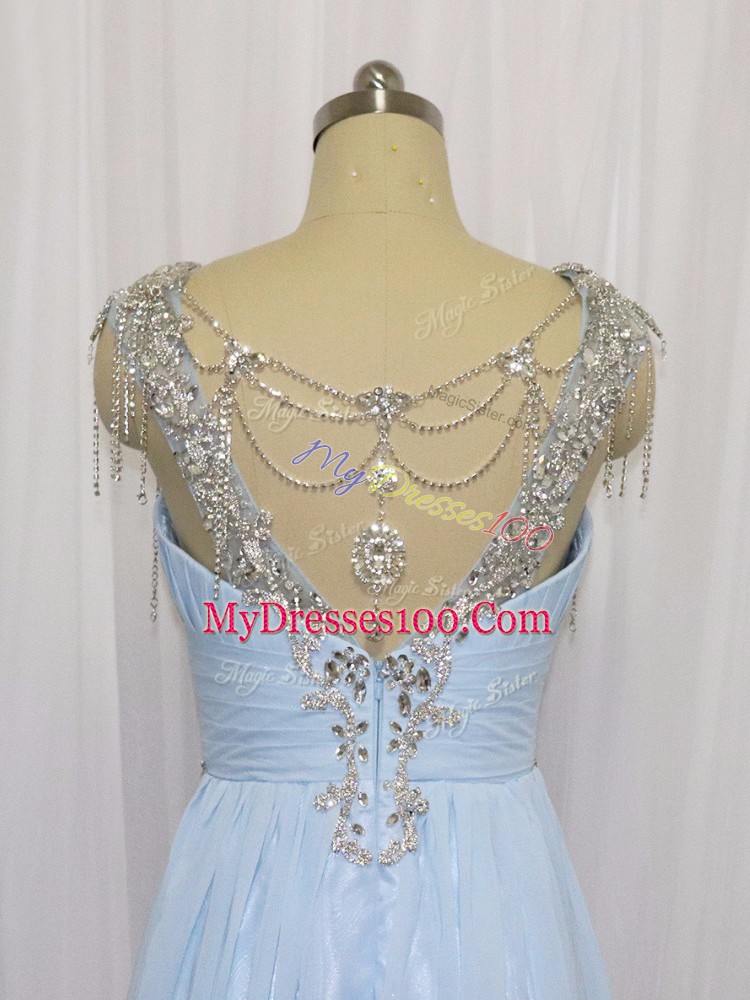 Lovely Blue Empire Beading and Ruching Evening Dress Zipper Chiffon Sleeveless