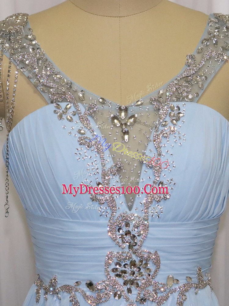 Lovely Blue Empire Beading and Ruching Evening Dress Zipper Chiffon Sleeveless
