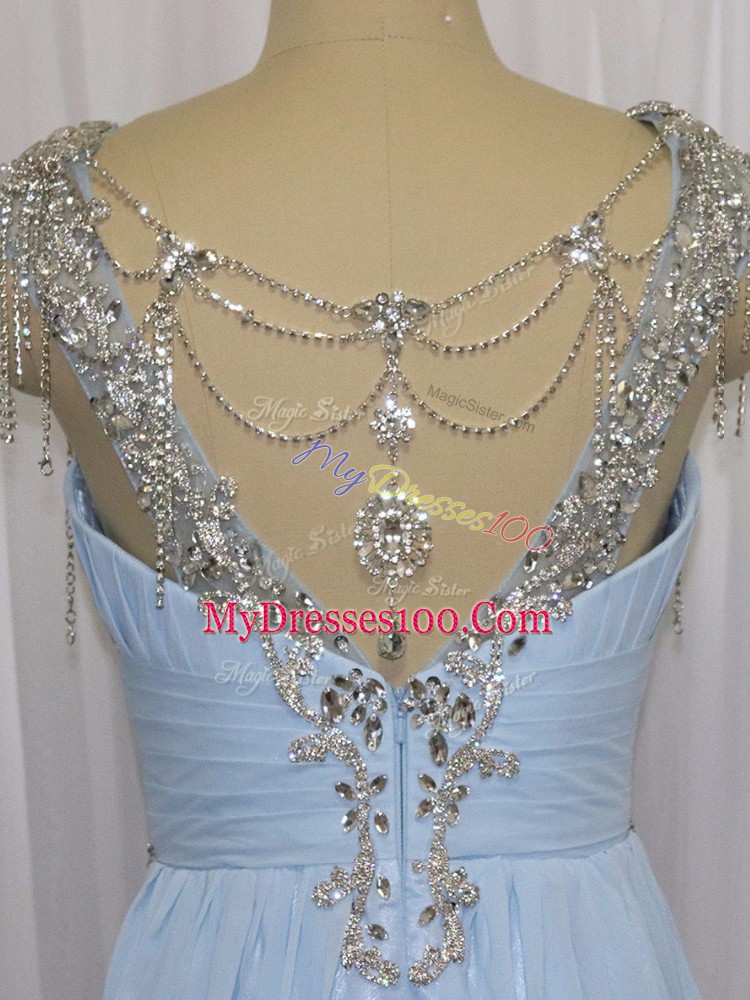Lovely Blue Empire Beading and Ruching Evening Dress Zipper Chiffon Sleeveless