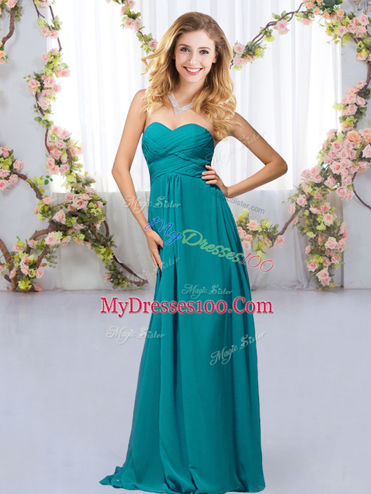 Teal Empire Chiffon Sweetheart Sleeveless Beading Floor Length Criss Cross Damas Dress
