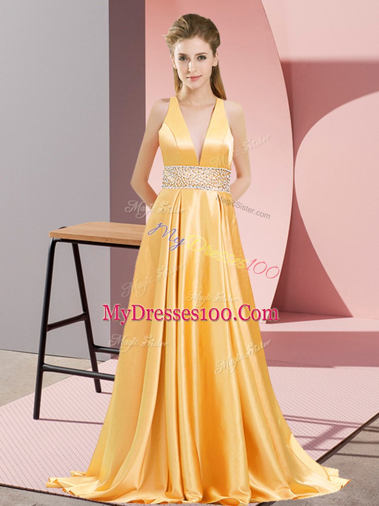 V-neck Sleeveless Brush Train Backless Prom Dress Gold Elastic Woven Satin