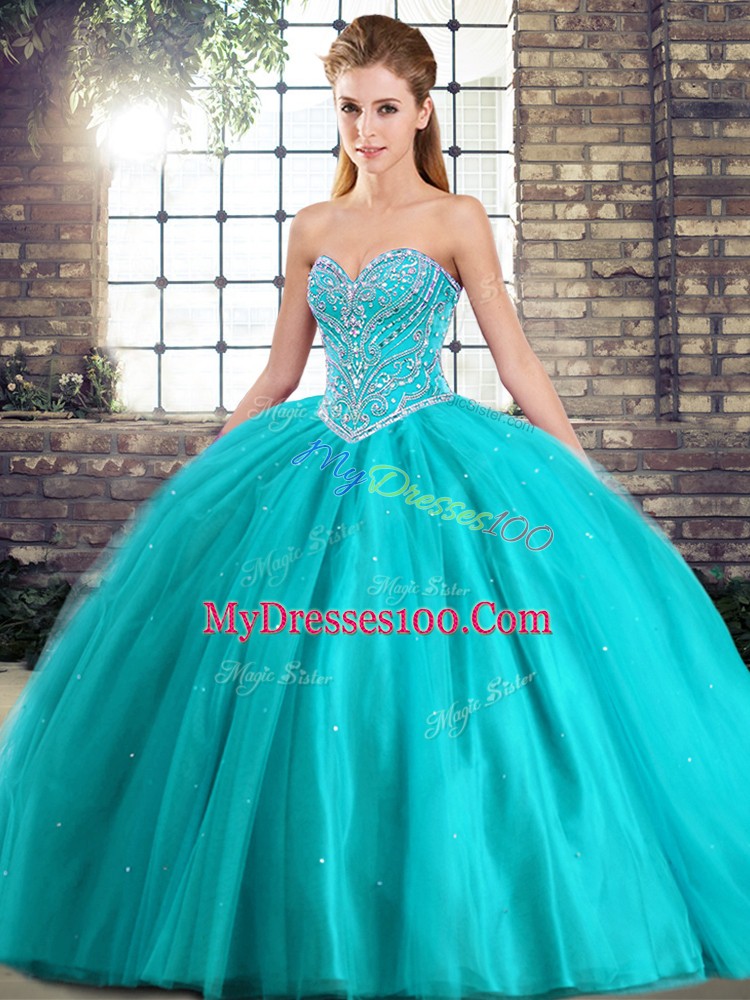 Aqua Blue Lace Up Sweet 16 Dresses Beading Sleeveless Brush Train