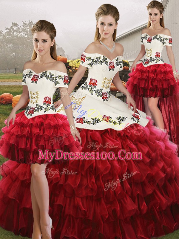 Ball Gowns Quince Ball Gowns Wine Red Off The Shoulder Organza Sleeveless Floor Length Lace Up