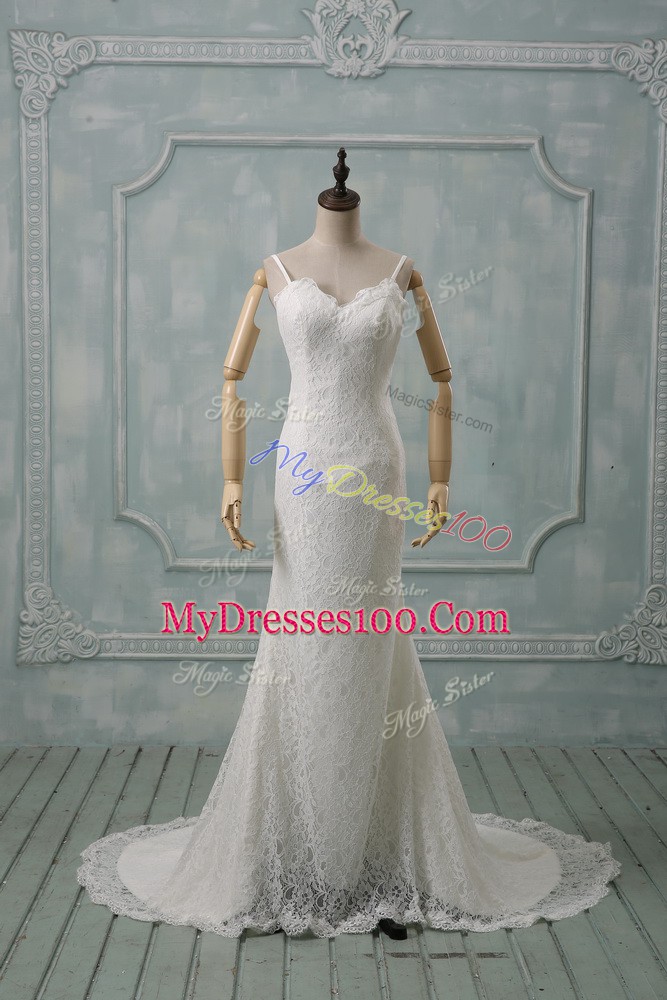 Great Spaghetti Straps Sleeveless Bridal Gown Brush Train Lace White Lace