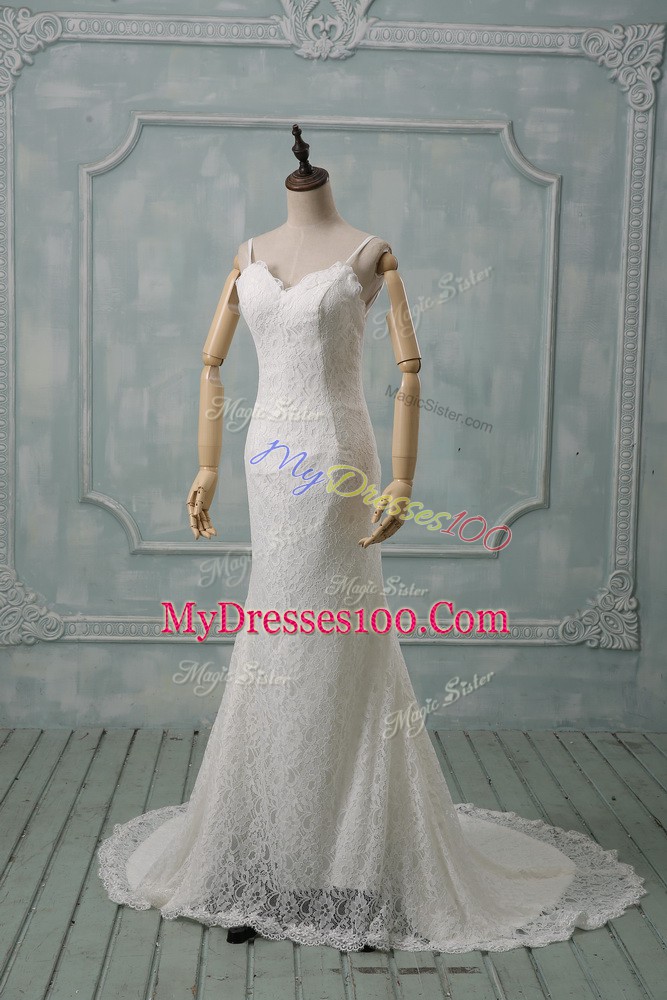Great Spaghetti Straps Sleeveless Bridal Gown Brush Train Lace White Lace