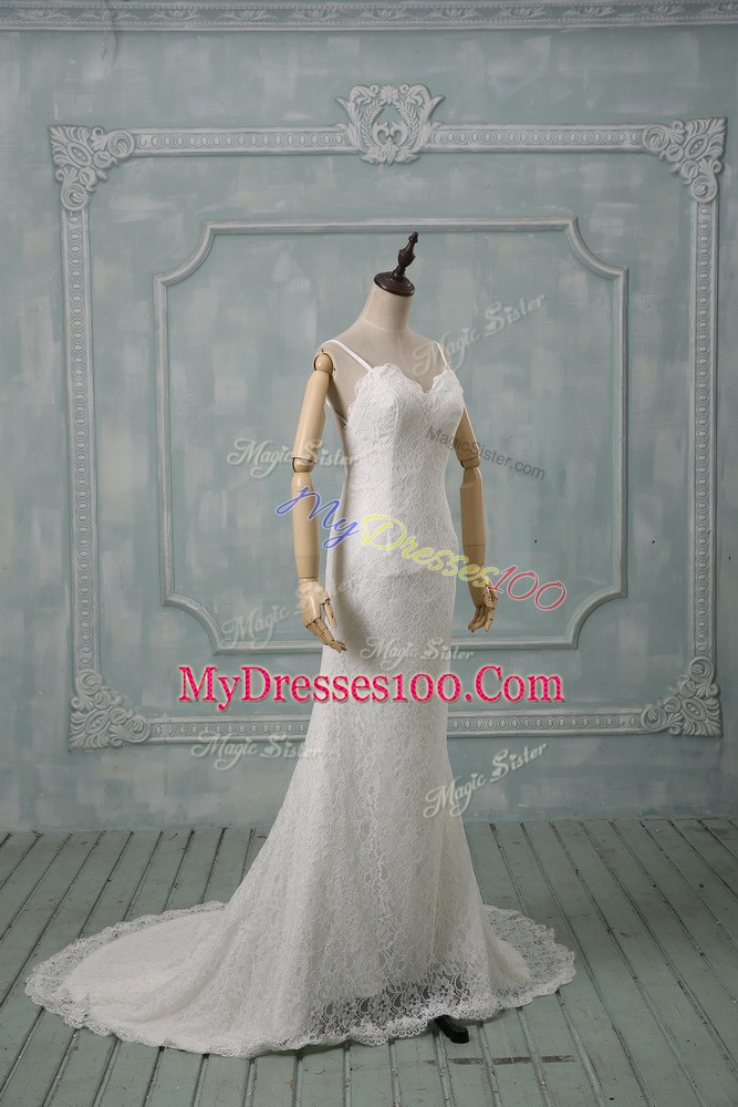 Great Spaghetti Straps Sleeveless Bridal Gown Brush Train Lace White Lace