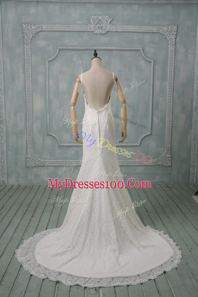 Great Spaghetti Straps Sleeveless Bridal Gown Brush Train Lace White Lace