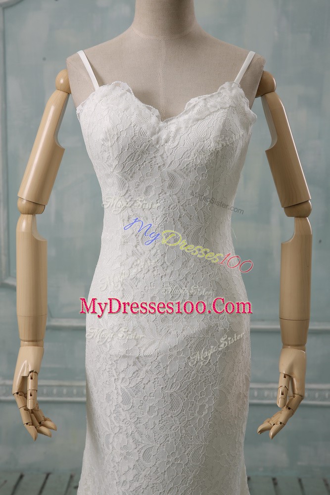 Great Spaghetti Straps Sleeveless Bridal Gown Brush Train Lace White Lace