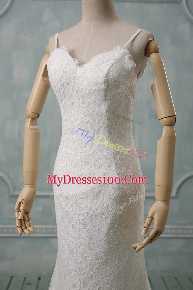 Great Spaghetti Straps Sleeveless Bridal Gown Brush Train Lace White Lace